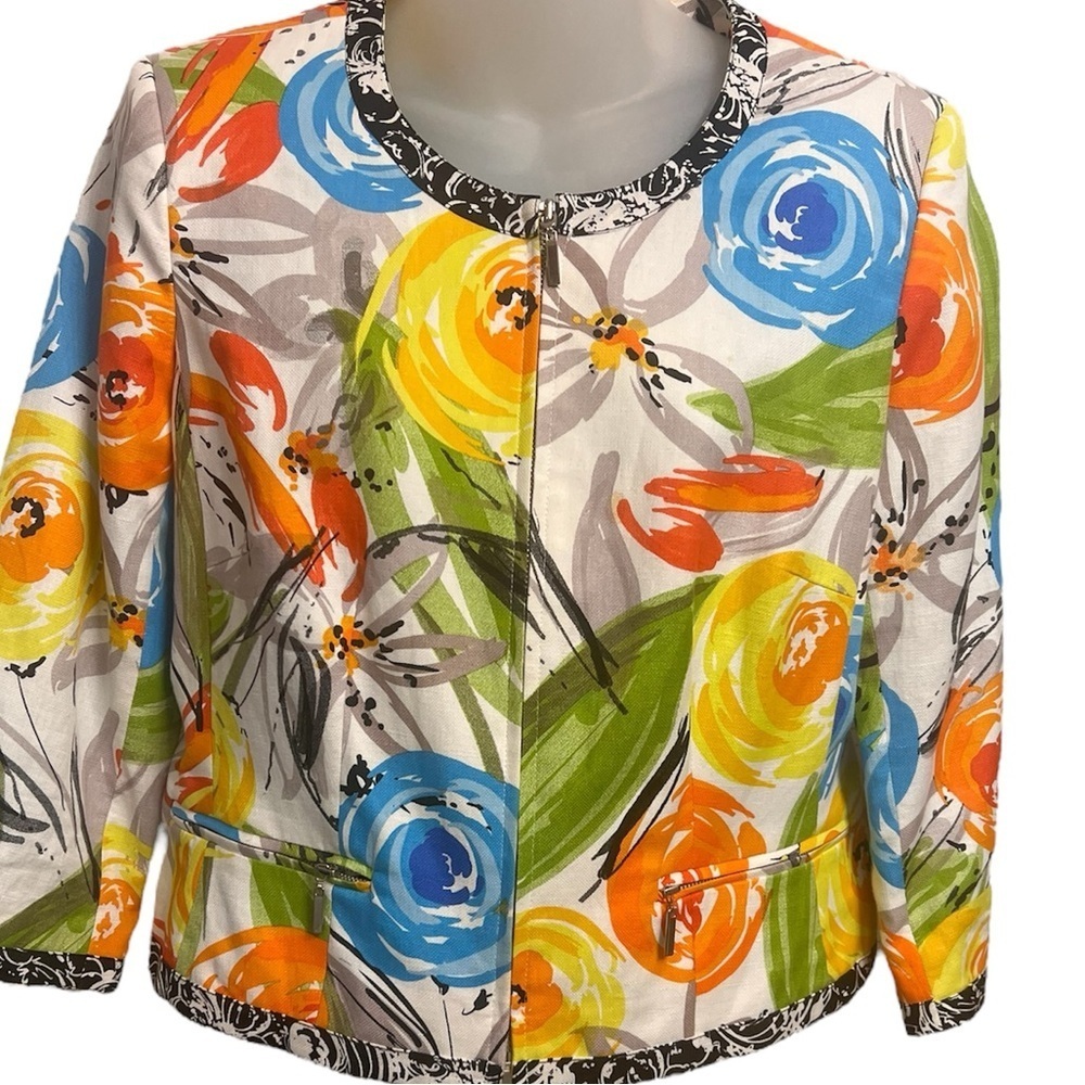 Peter Nygard Linen Blend Zip Abstract Art  Floral Blazer, Size 10 Petite